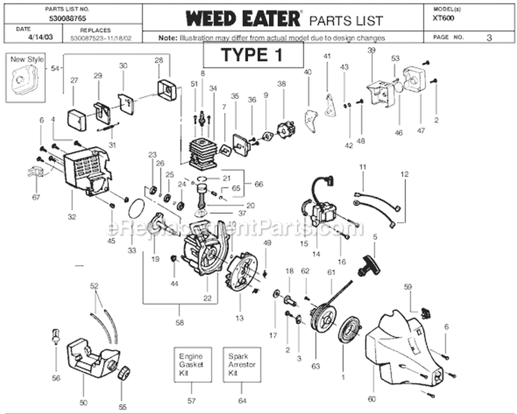 Page C Diagram and Parts List for XT600 Type 6 Weed Eater Trimmer